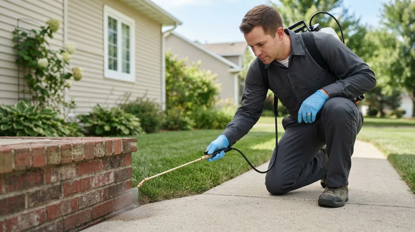 Pest control technician treating a home near Delphi Falls, NY